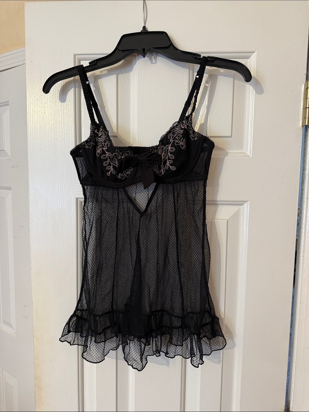 Affinitas Black Sheer Mesh Babydoll with Floral Embroidery